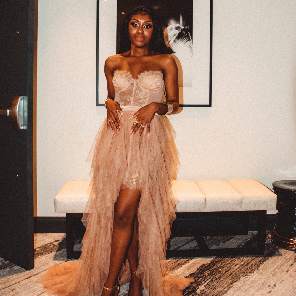 X REVOLVE Bustier Gown in Warm Taupe